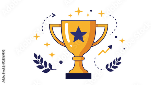 Shiny gold trophy with blue star emblem laurels and spark bars symbolizing achievement and excellence in modern flat vector design