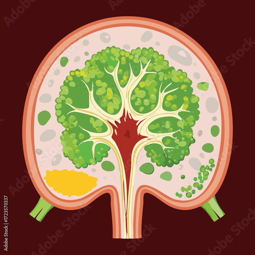 Detailed illustration showing a segmented area of the gastrointestinal tract affected by Crohn's disease featuring deep ulcers and the characteristic cobblestone mucosal pattern