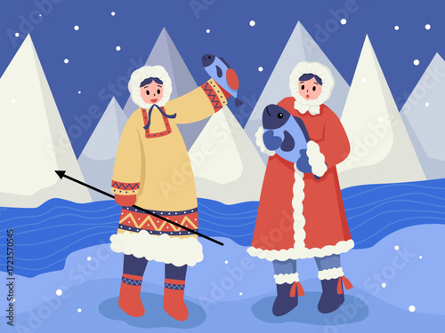 Nordic women are fishing in winter illustration