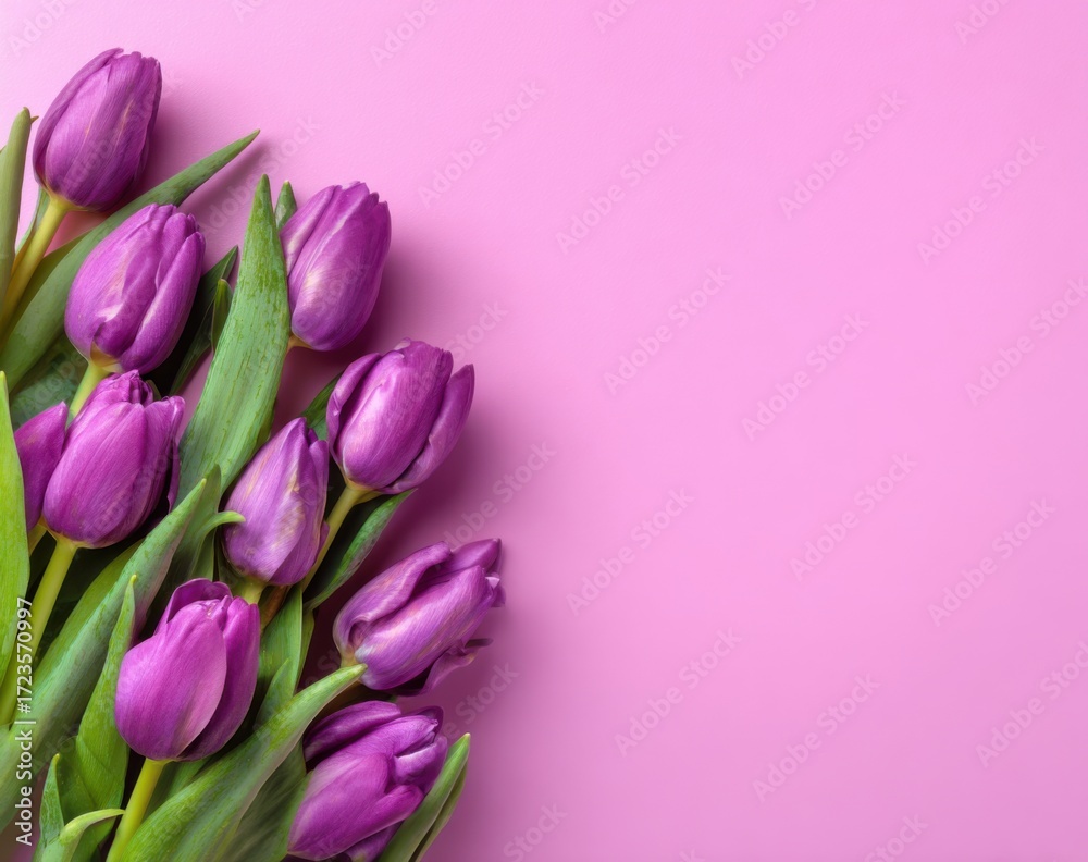 Fototapeta premium Purple tulips on a pink background