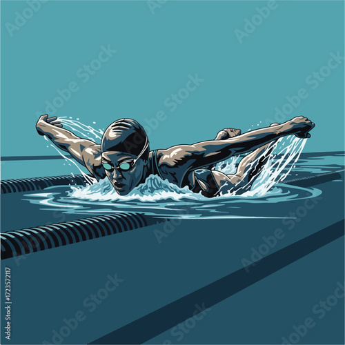 Swimmer performing butterfly stroke in a swimming pool.