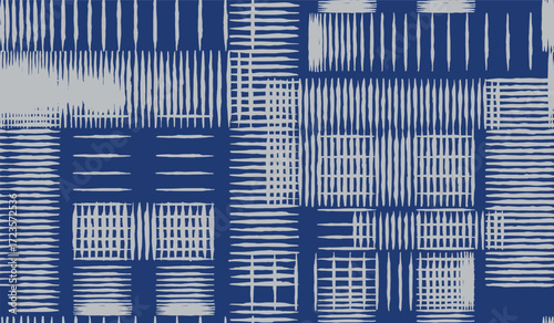 Seamless Japanese inspired pattern featuring hand drawn brush lines in indigo and grey. Minimal yet textured, echoing sashiko, shibori, and traditional textile design.