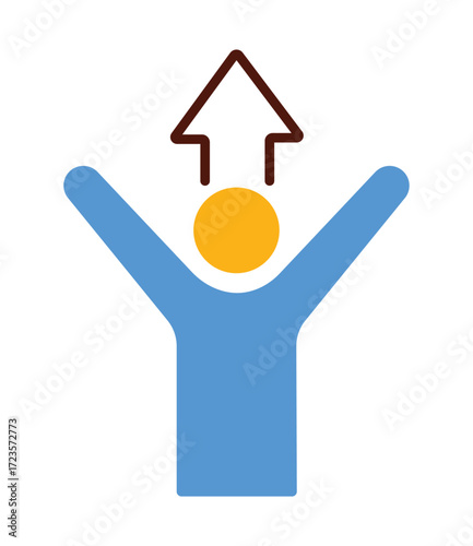 Person with arms raised and an upward arrow icon. Symbol of success, career growth, and personal achievement. Flat illustration.