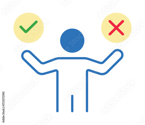 A person making a choice between a check mark and a cross. An icon for decision-making, evaluation, and weighing options.