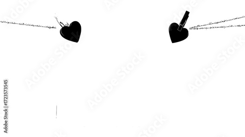Blank white paper hanging on clothesline with two red heart-shaped clothespins and light blue background, simple vector illustration