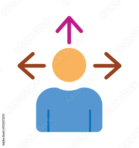 A person with arrows in different directions. An icon symbolizing choice, opportunity, and decision-making for career paths or life choices.