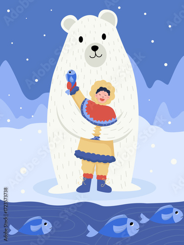 Nordic woman fishing with polar bear in winter