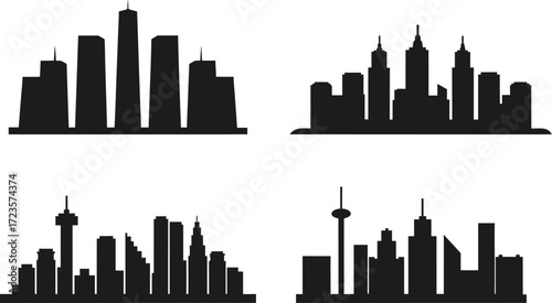 Black city skyline silhouette set vector illustration. Isolated vast wide panoramic city buildings. Eps 10