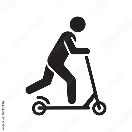 Scooter rider icon, simple silhouette of a person on a kick scooter. Symbol for transportation, recreation, and urban mobility.

