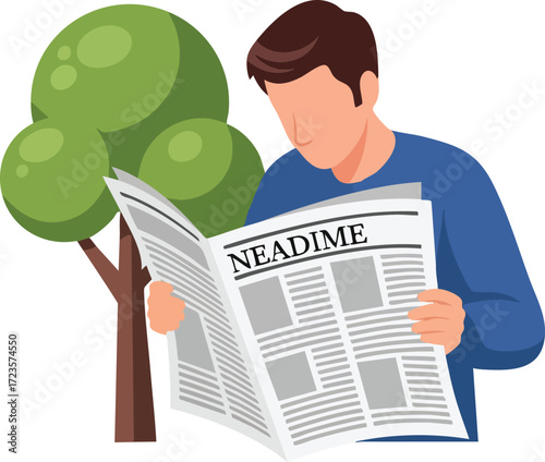 Man Reading Newspaper Outdoors News and Information Concept Vector Illustration