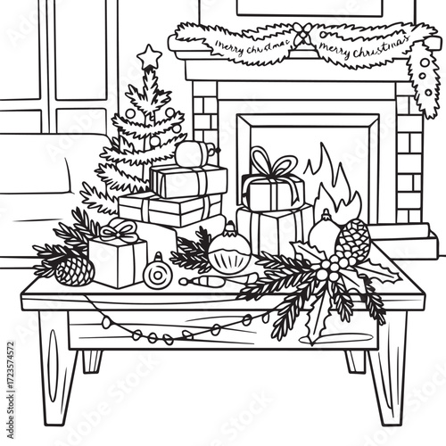 Coffee Table Festive Christmas Decorations coloring book page design. 