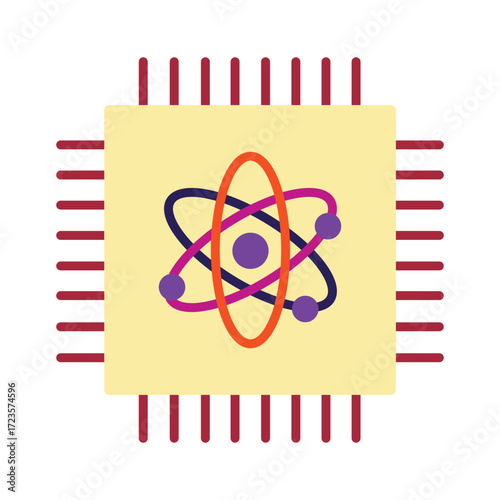 Quantum computing processor chip with an atom symbol. A colorful icon for future technology, science, and innovation.