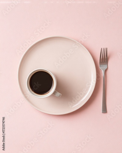 Overhead view of a coffee cup and saucer on a light pink plate, with a fork beside it