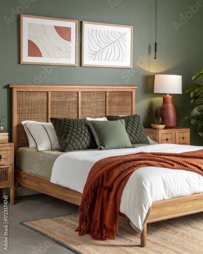 Modern Cozy Bedroom Interior with Wooden Bed, Green Accents, and Warm Decor