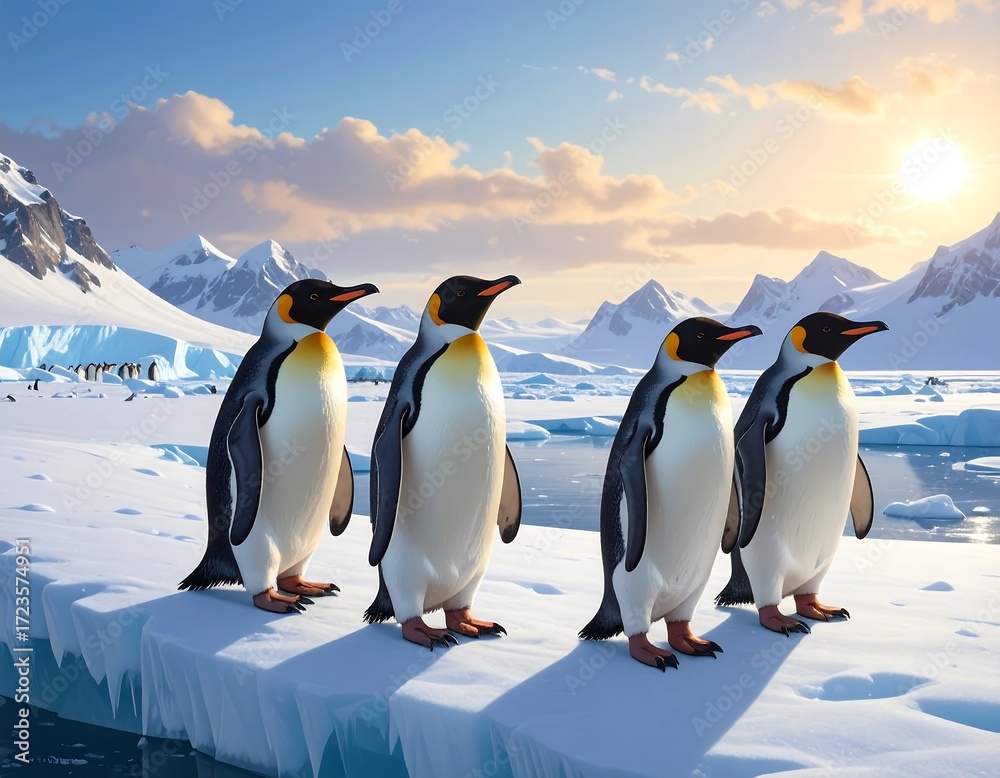 Fototapeta premium Group of Penguins in Frozen Polar Environment, Snow and Mountains Scenic Nature