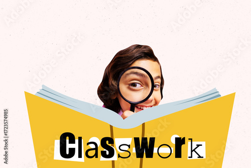 Canvastavla Creative design composite trend artwork collage of young boy research magnifier