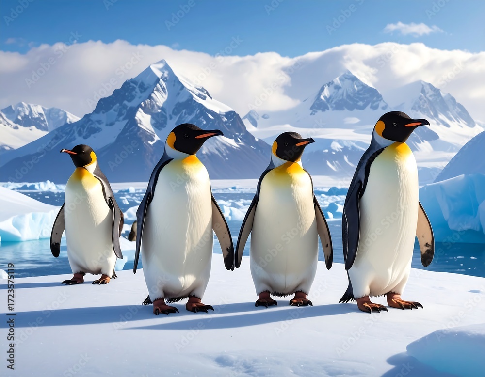 Fototapeta premium Wild Penguins Standing on Icy Ground with Snow-Covered Mountains in Background