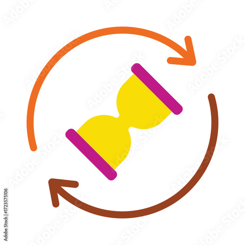 Colorful hourglass icon with circular arrows. Symbolizes processing time, waiting period, or a pending task. Flat design illustration.