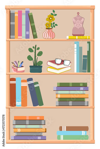 Illustration of a bookshelf, consisting of many books of various colors, a vase of flowers. Vector.