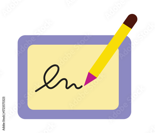 Colorful icon of a pencil writing a signature. Symbol for signing contracts, agreements, and personal authorization on a document or digital pad.