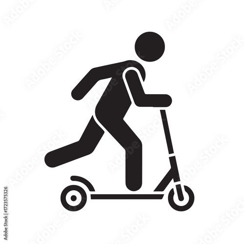 Scooter rider icon, simple silhouette of a person on a kick scooter. Symbol for transportation, recreation, and urban mobility.
