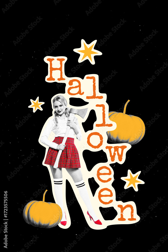 Fototapeta premium Sketch image trend artwork montage 3D photo collage of young woman sexy hold axe pumpkin october night mystery spooky carnival halloween