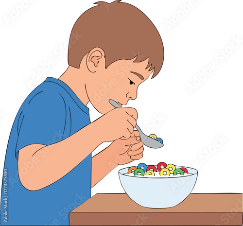 Young Boy Enjoying Breakfast Cereal at Home Healthy Eating Concept