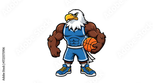 A playful eagle standing proudly wearing cool blue sneakers, flat vector cartoon, thick bold outline, rounded simplified shape, big cheerful face, exaggerated beak and claws
