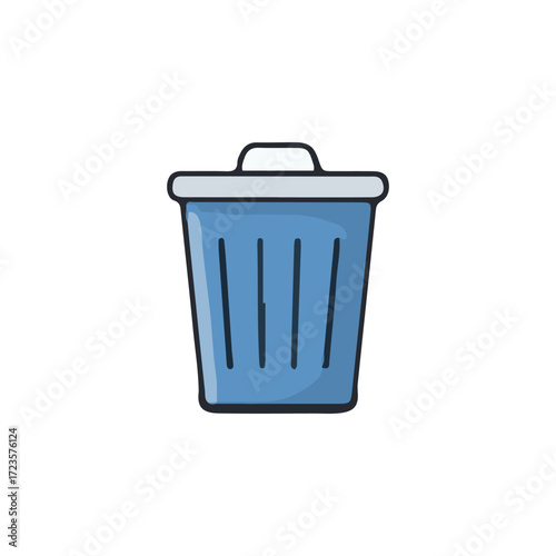 A simple, blue cartoon trash can with a lid and handle.