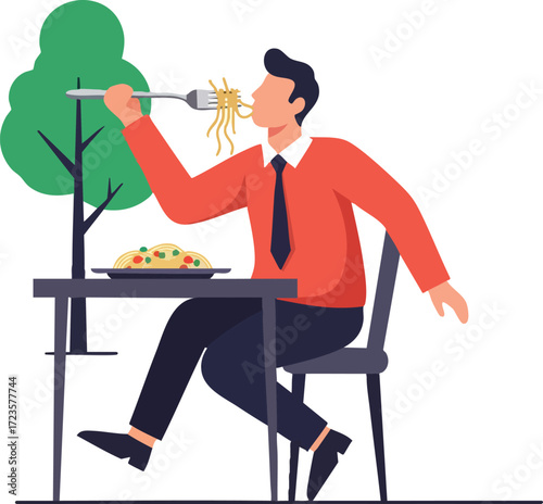 Man Enjoying Delicious Pasta at Outdoor Cafe Vector Illustration