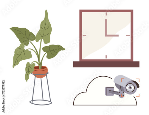 Large leafy potted plant, wall clock on a window frame, and cloud-connected surveillance camera. Ideal for technology, security, smart devices, home decor, greenery, time management automation
