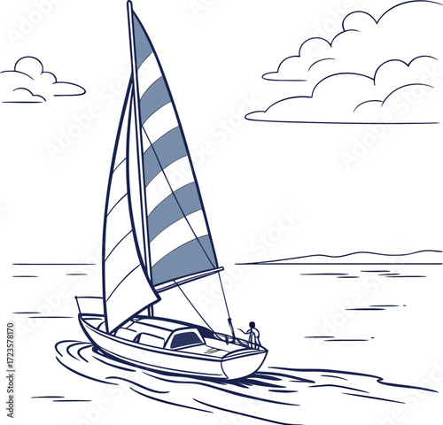 A blue yacht sailing on the deep ocean under the summer sky is a classic image of travel and sport