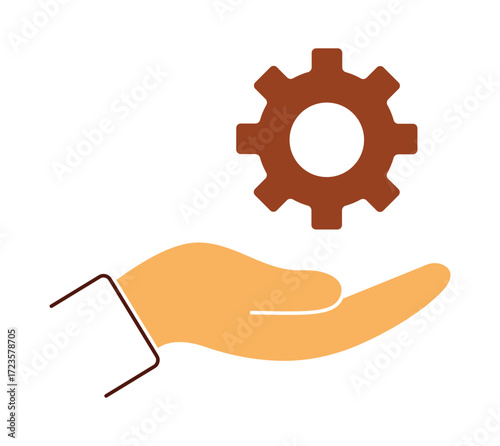 Icon of a hand offering a cogwheel. A simple graphic for providing technical solutions, development support, and process management.