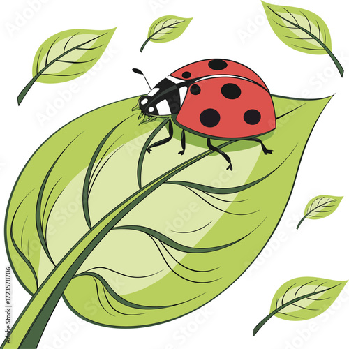 Red ladybug beetle bug insect on a bright green leaf in nature