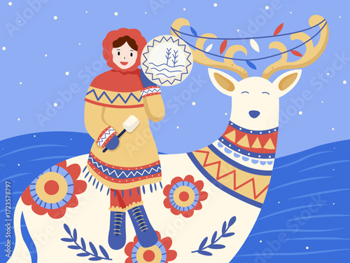 Nordic woman riding reindeer in winter illustration