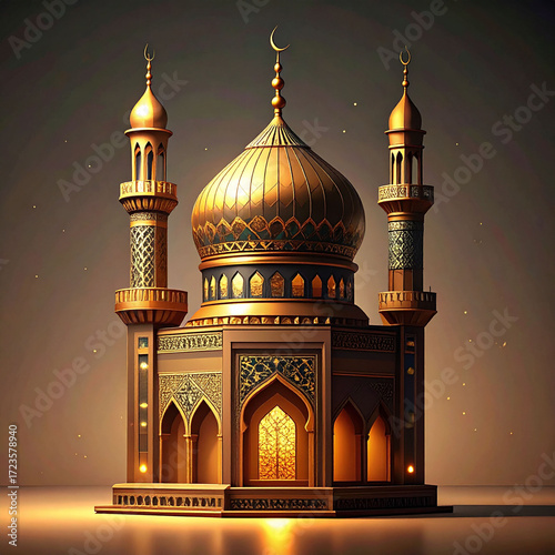 a small, ornate architectural structure with an islamic influence is depicted against a backdrop of soft, diffuse lighting