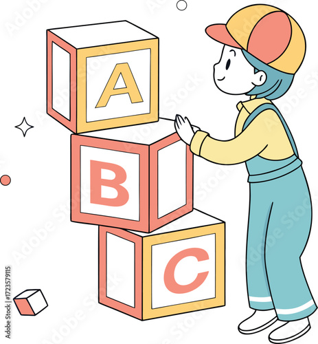 Funny cartoon vector illustration of a child or boy worker with a toolbox and a large box representing business and work