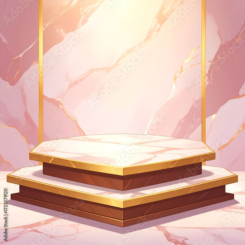 the image features a two tiered platform that serves as the primary focus within the scene. the surfaces of the platforms are white with gray veining, trimmed with bands of gold