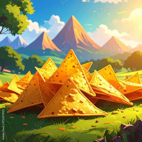the illustration shows a pile of triangular fried snacks resting on a field of green grass. in the background, there are several mountains with a clear, sunny sky above