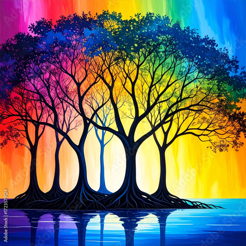a colorful artwork displays a group of trees reflected on the water surface