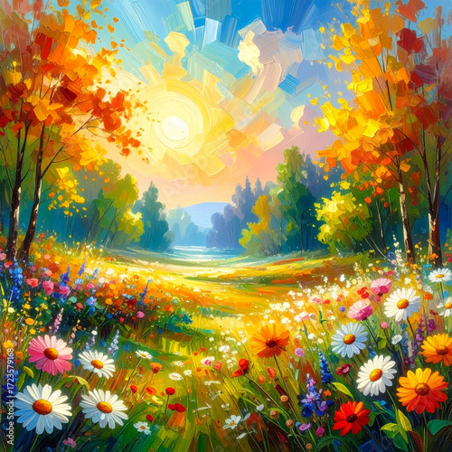 the image presents a vibrant meadow scene with abundant wildflowers. the meadow is enclosed by leafy trees displaying warm autumn colors, framing the scene
