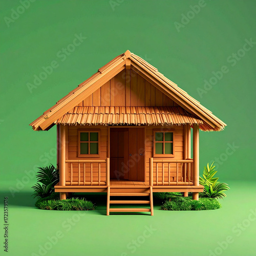 the image shows a miniature house, centrally composed against a green background. the house is constructed mainly of wood, featuring a detailed roof with a textured edge