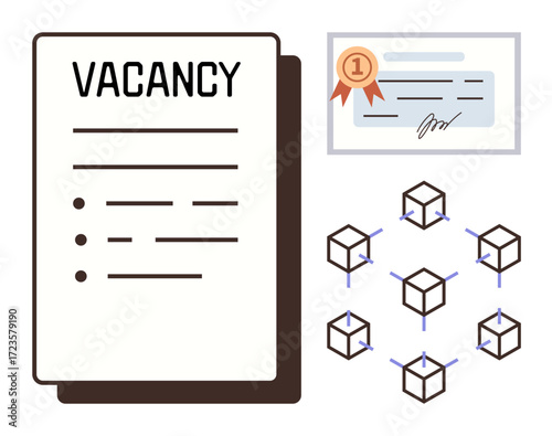 Vacancy document with bullet points, an award certificate with ribbon, and networked cubes forming a blockchain. Ideal for recruitment, certification, career, technology, hiring, credentials simple