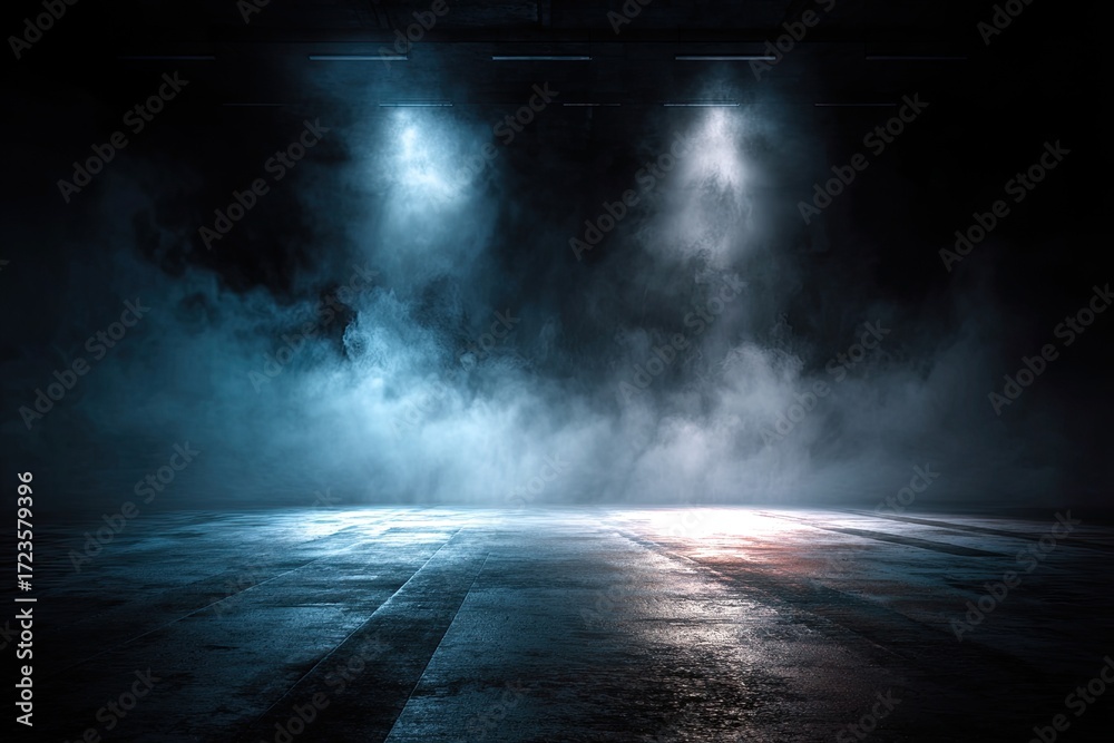 Fototapeta premium Empty industrial space, lit by two spotlights, with smoky haze