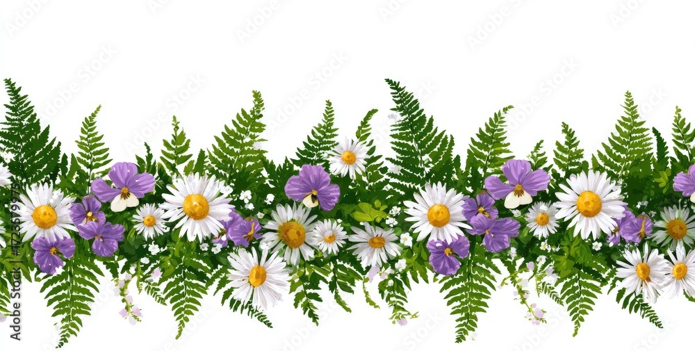 Floral fern border with daisies and violets