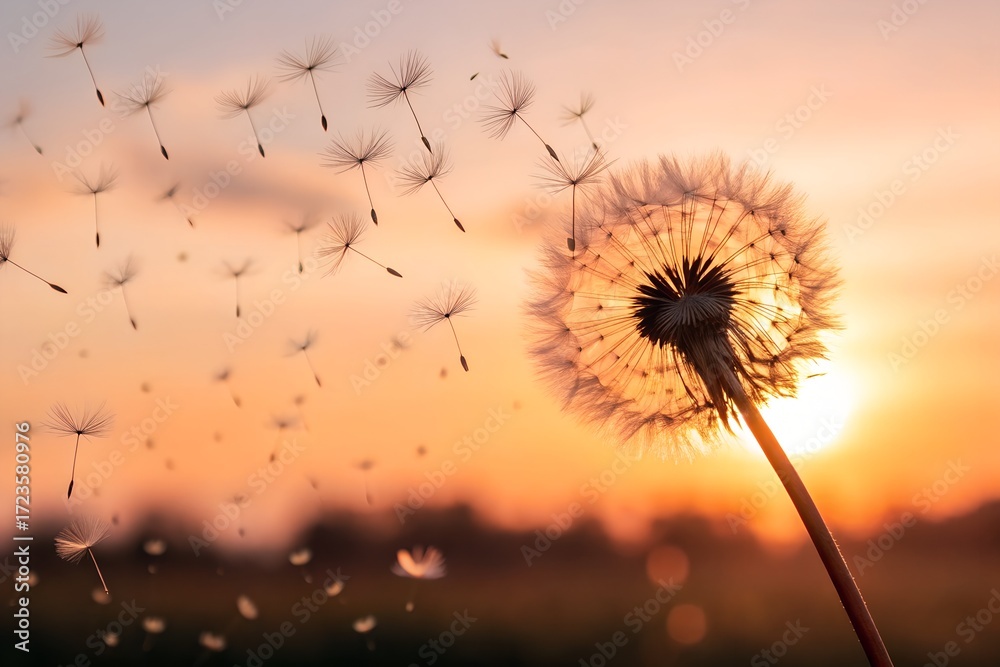 Naklejka premium Dandelion Seeds Dispersing at Sunset