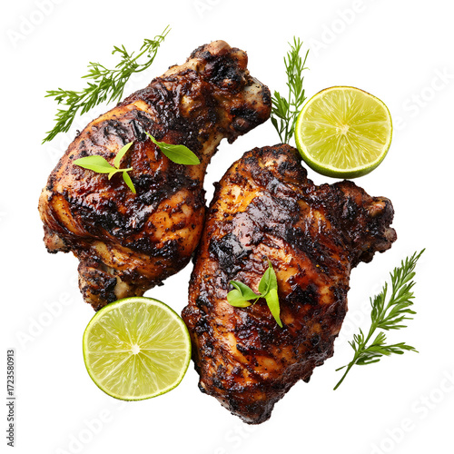 Exquisite Jamaican Jerk Chicken with Spices and Lime Isolated on White Background