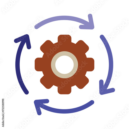 Workflow automation icon with a gear and rotating arrows. Symbolizes a continuous process, operations management, or system update.