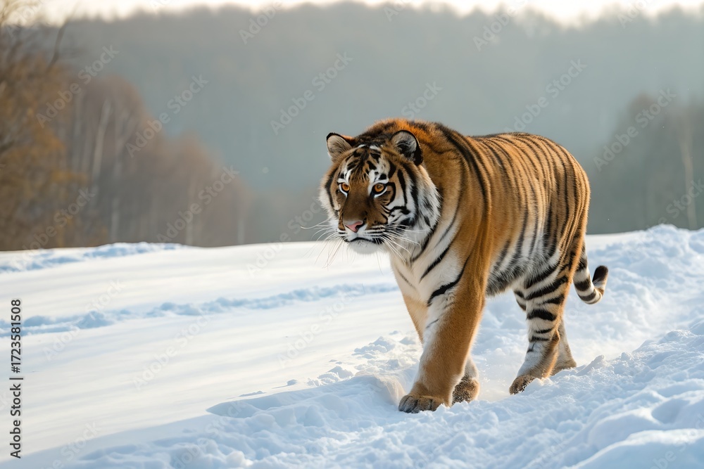 Obraz premium Majestic Siberian Tiger Walking Through Snowy Landscape