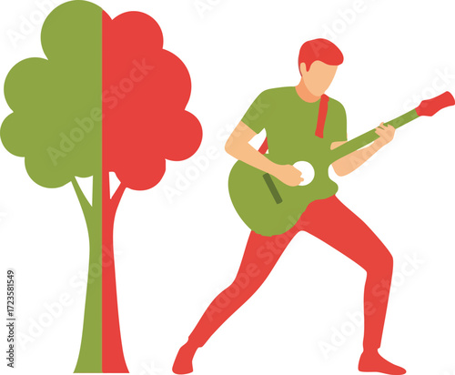 Guitarist Playing Beside a Colorful Tree Vector Illustration Music and Nature Concept